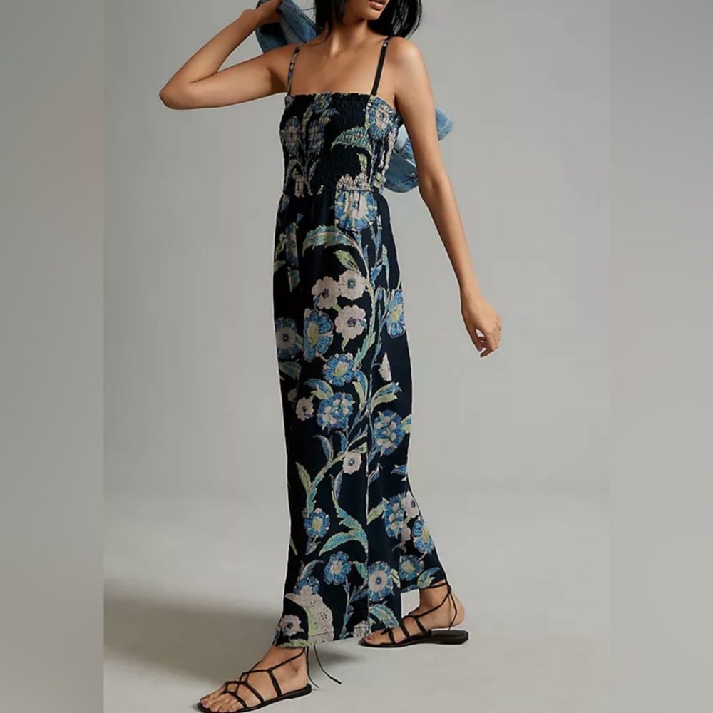 Anthropologie Pilcro Linen Jumpsuit Women Blue Floral Smock Boho Wide Leg